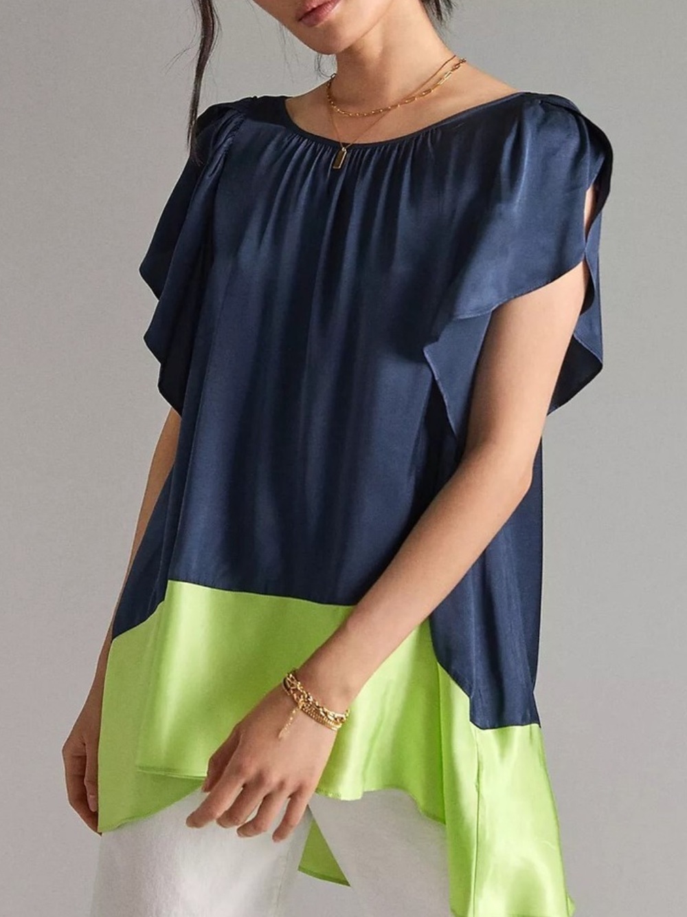 Maeve Colorblock Tunic Blouse Green Blue Back Cutout
